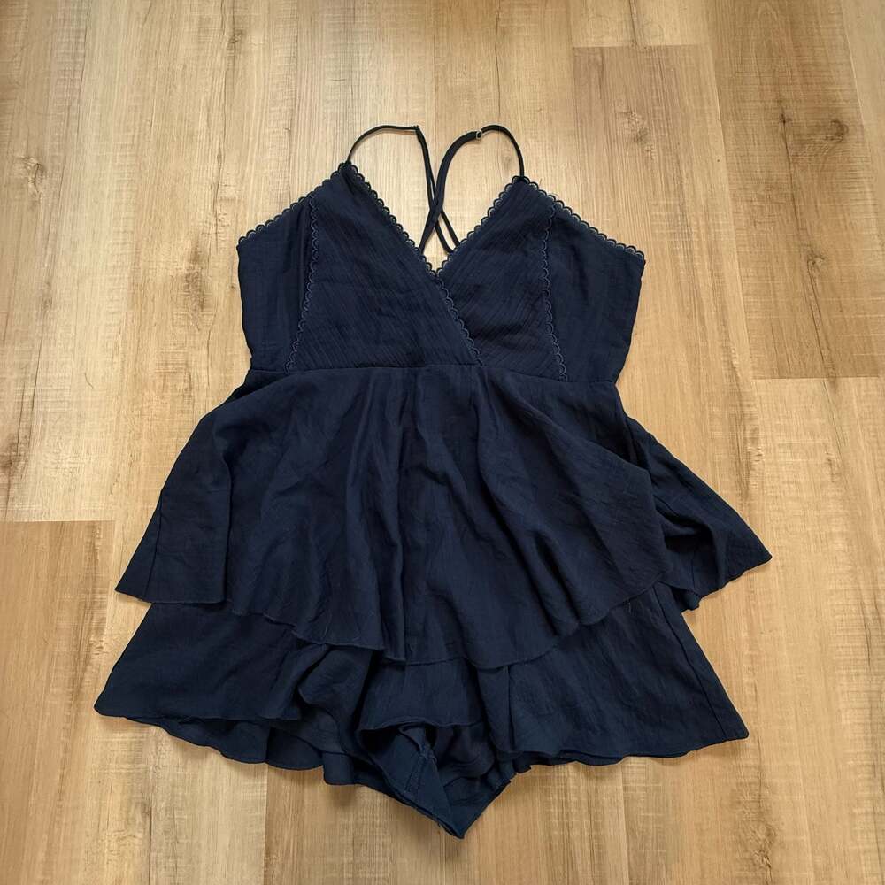 Blue Rain Violet Navy Blue Tiered Ruffle Romper Size Large Boho